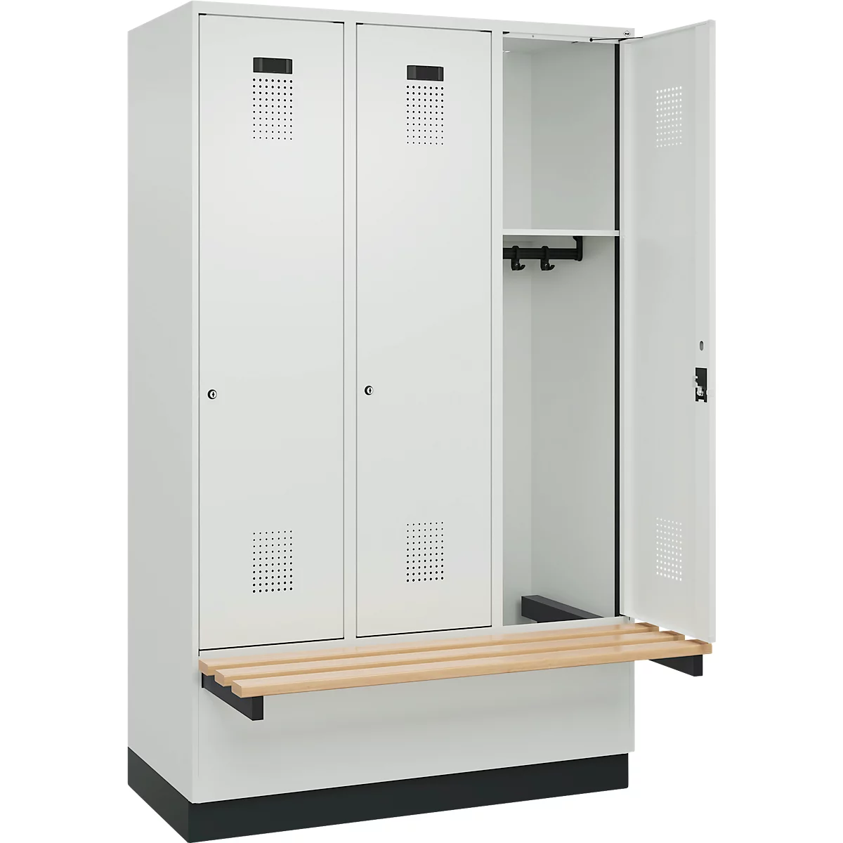 Kleiderspind C+P Evolo Plus, 3 Abteile à 400 mm Breite, Sockel, schwebende Sitzbank, B 1200 x T 815 x H 1950 mm, Zylinder, lichtgrau/lichtgrau