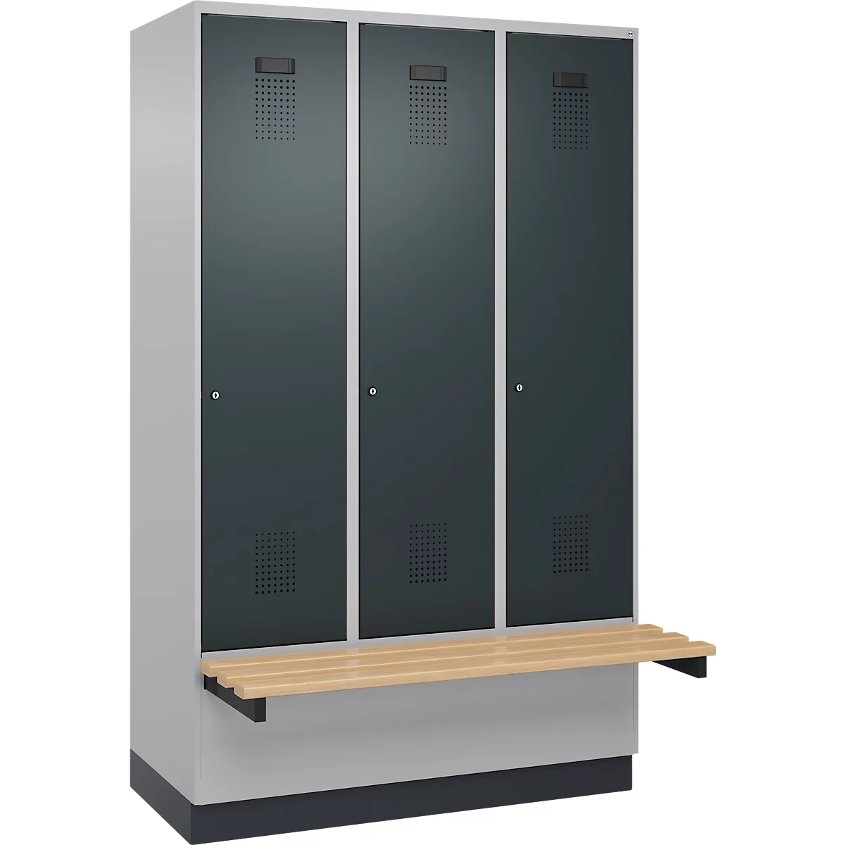 Kleiderspind C+P Evolo Plus, 3 Abteile à 400 mm Breite, Sockel, schwebende Sitzbank, B 1200 x T 815 x H 1950 mm, Zylinder, weißaluminium/anthrazitgrau