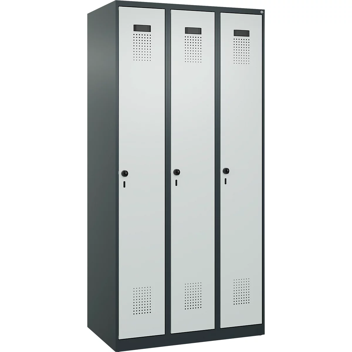 Kleiderspind C+P Evolo Plus, 3 Abteile, Anschlag rechts, Sicherheits-Drehriegel, B 900 x T 500 x H 1850 mm, anthrazitgrau/lichtgrau