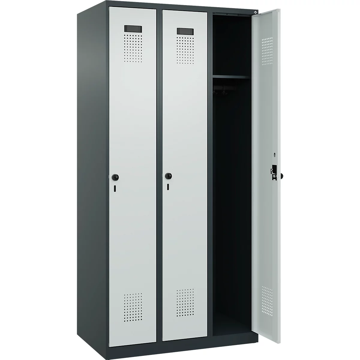 Kleiderspind C+P Evolo Plus, 3 Abteile, Anschlag rechts, Sicherheits-Drehriegel, B 900 x T 500 x H 1850 mm, anthrazitgrau/lichtgrau