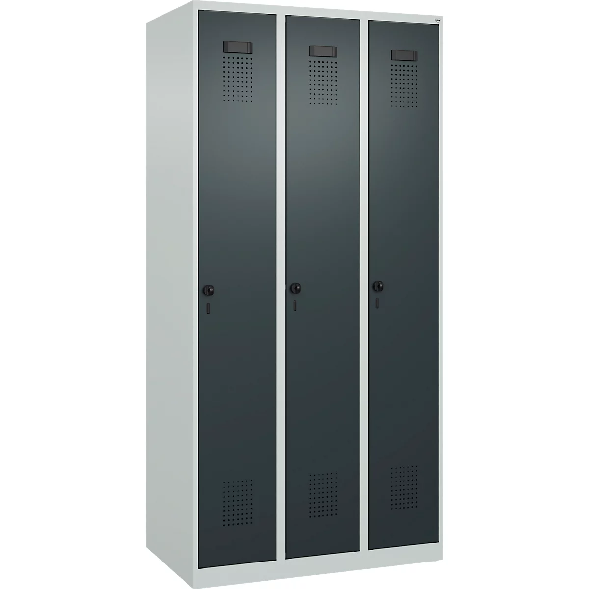 Kleiderspind C+P Evolo Plus, 3 Abteile, Anschlag rechts, Sicherheits-Drehriegel, B 900 x T 500 x H 1850 mm, lichtgrau/anthrazitgrau