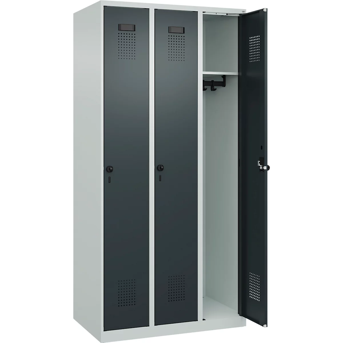Kleiderspind C+P Evolo Plus, 3 Abteile, Anschlag rechts, Sicherheits-Drehriegel, B 900 x T 500 x H 1850 mm, lichtgrau/anthrazitgrau
