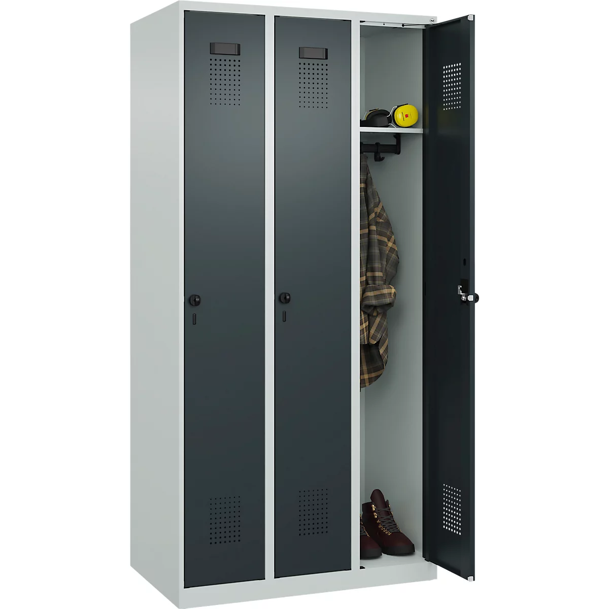 Kleiderspind C+P Evolo Plus, 3 Abteile, Anschlag rechts, Sicherheits-Drehriegel, B 900 x T 500 x H 1850 mm, lichtgrau/anthrazitgrau