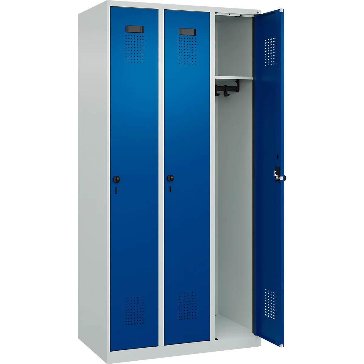 Kleiderspind C+P Evolo Plus, 3 Abteile, Anschlag rechts, Sicherheits-Drehriegel, B 900 x T 500 x H 1850 mm, lichtgrau/enzianblau