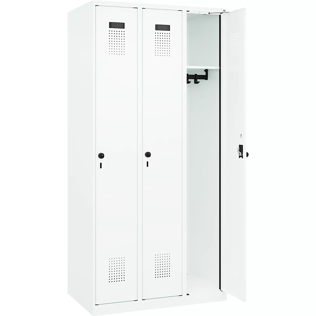 Kleiderspind C+P Evolo Plus, 3 Abteile, Anschlag rechts, Sicherheits-Drehriegel, B 900 x T 500 x H 1850 mm, verkehrsweiß/verkehrsweiß