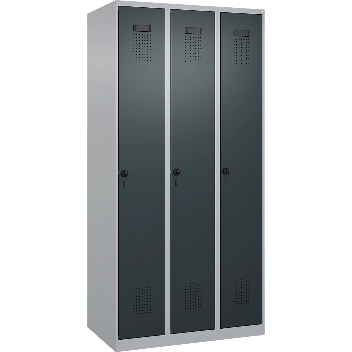 Kleiderspind C+P Evolo Plus, 3 Abteile, Anschlag rechts, Sicherheits-Drehriegel, B 900 x T 500 x H 1850 mm, weißaluminium/anthrazitgrau