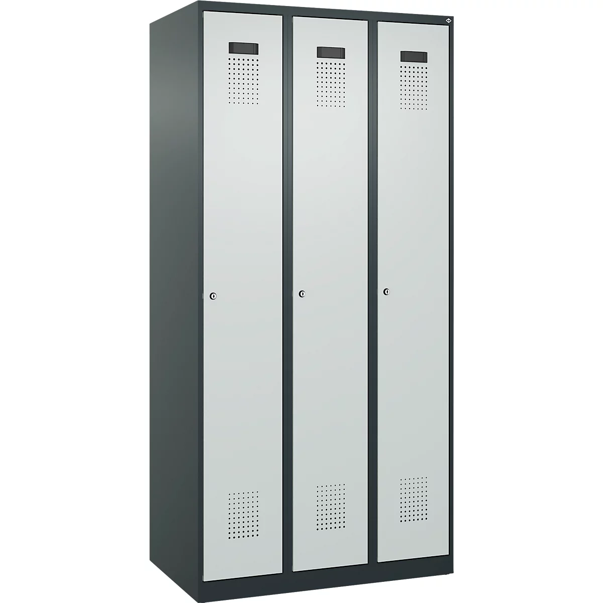 Kleiderspind C+P Evolo Plus, 3 Abteile, Anschlag rechts, Zylinderschloss, B 900 x T 500 x H 1850 mm, anthrazitgrau/lichtgrau