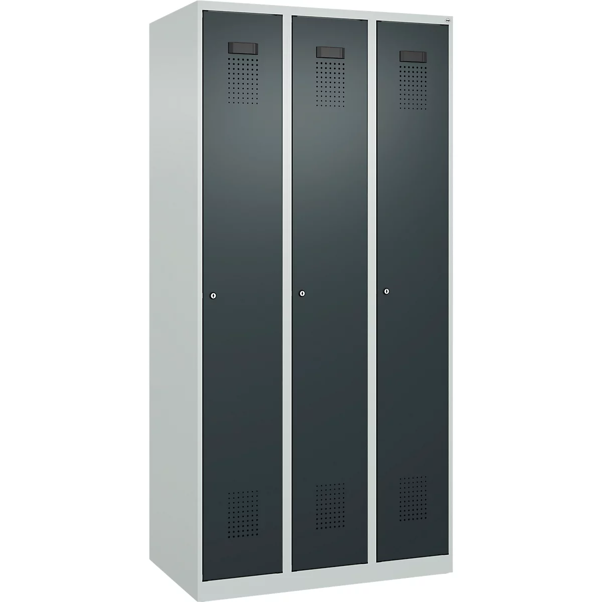 Kleiderspind C+P Evolo Plus, 3 Abteile, Anschlag rechts, Zylinderschloss, B 900 x T 500 x H 1850 mm, lichtgrau/anthrazitgrau