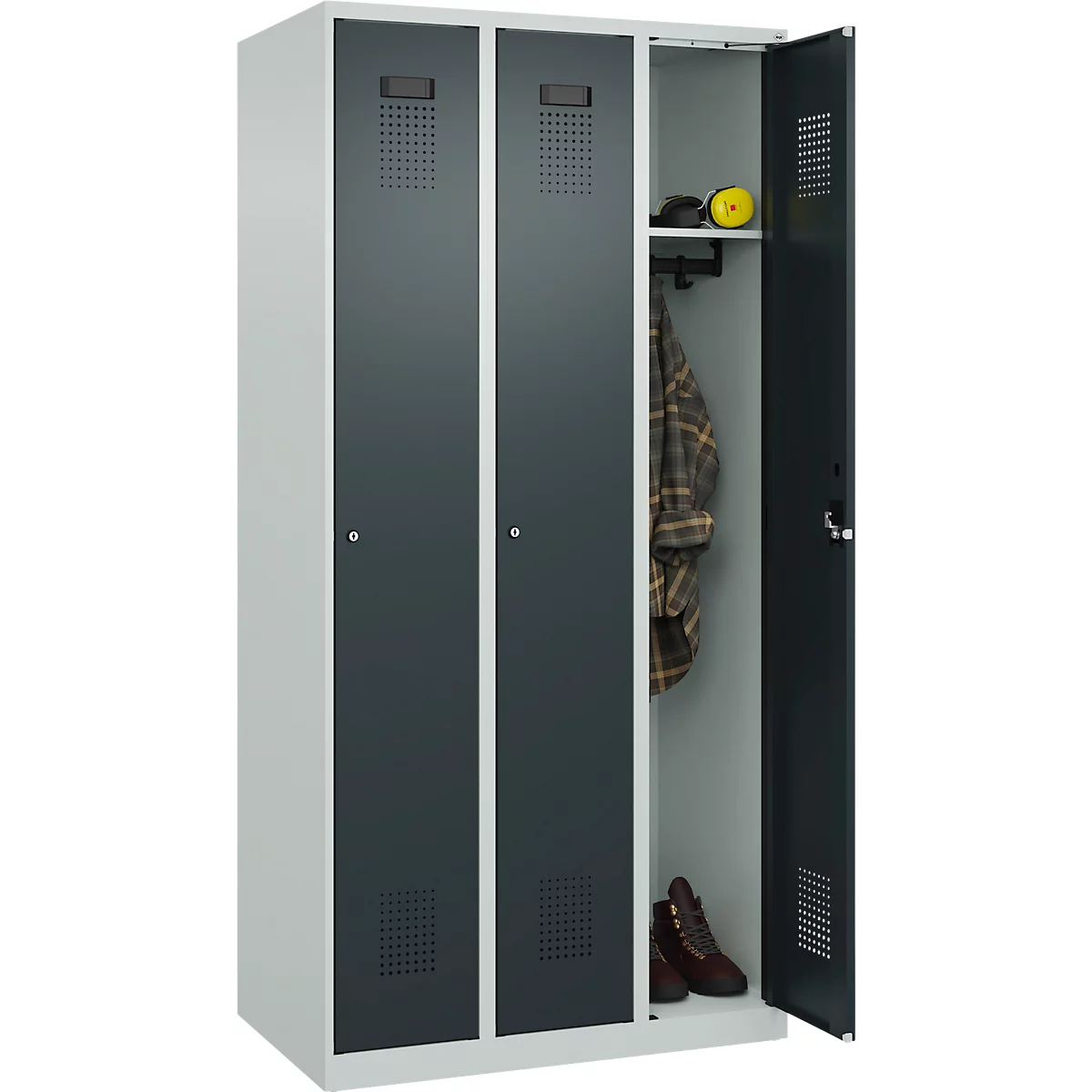 Kleiderspind C+P Evolo Plus, 3 Abteile, Anschlag rechts, Zylinderschloss, B 900 x T 500 x H 1850 mm, lichtgrau/anthrazitgrau