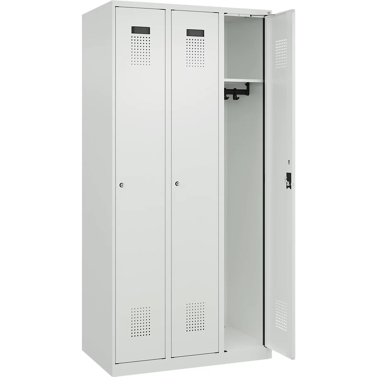 Kleiderspind C+P Evolo Plus, 3 Abteile, Anschlag rechts, Zylinderschloss, B 900 x T 500 x H 1850 mm, lichtgrau/lichtgrau