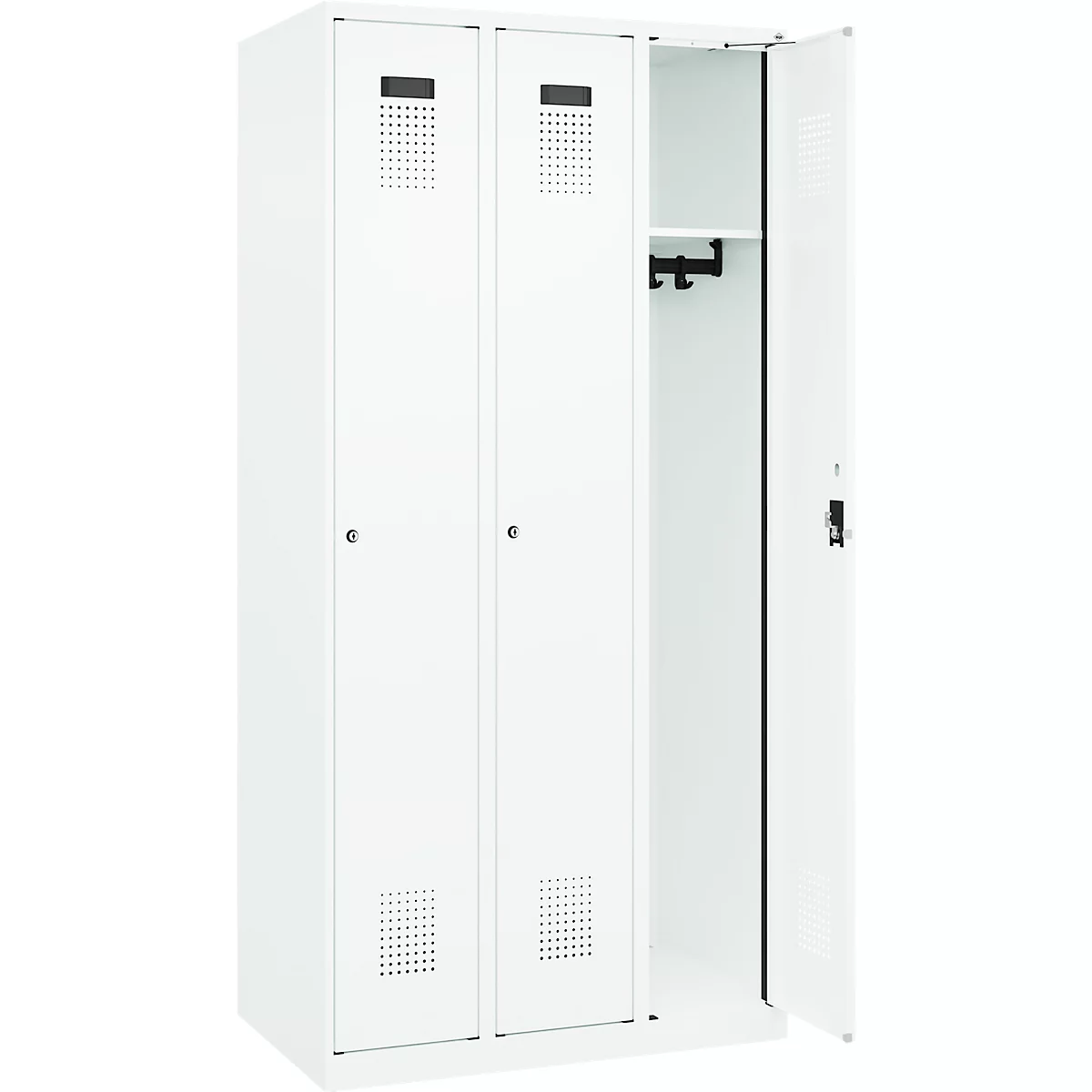 Kleiderspind C+P Evolo Plus, 3 Abteile, Anschlag rechts, Zylinderschloss, B 900 x T 500 x H 1850 mm, verkehrsweiß/verkehrsweiß
