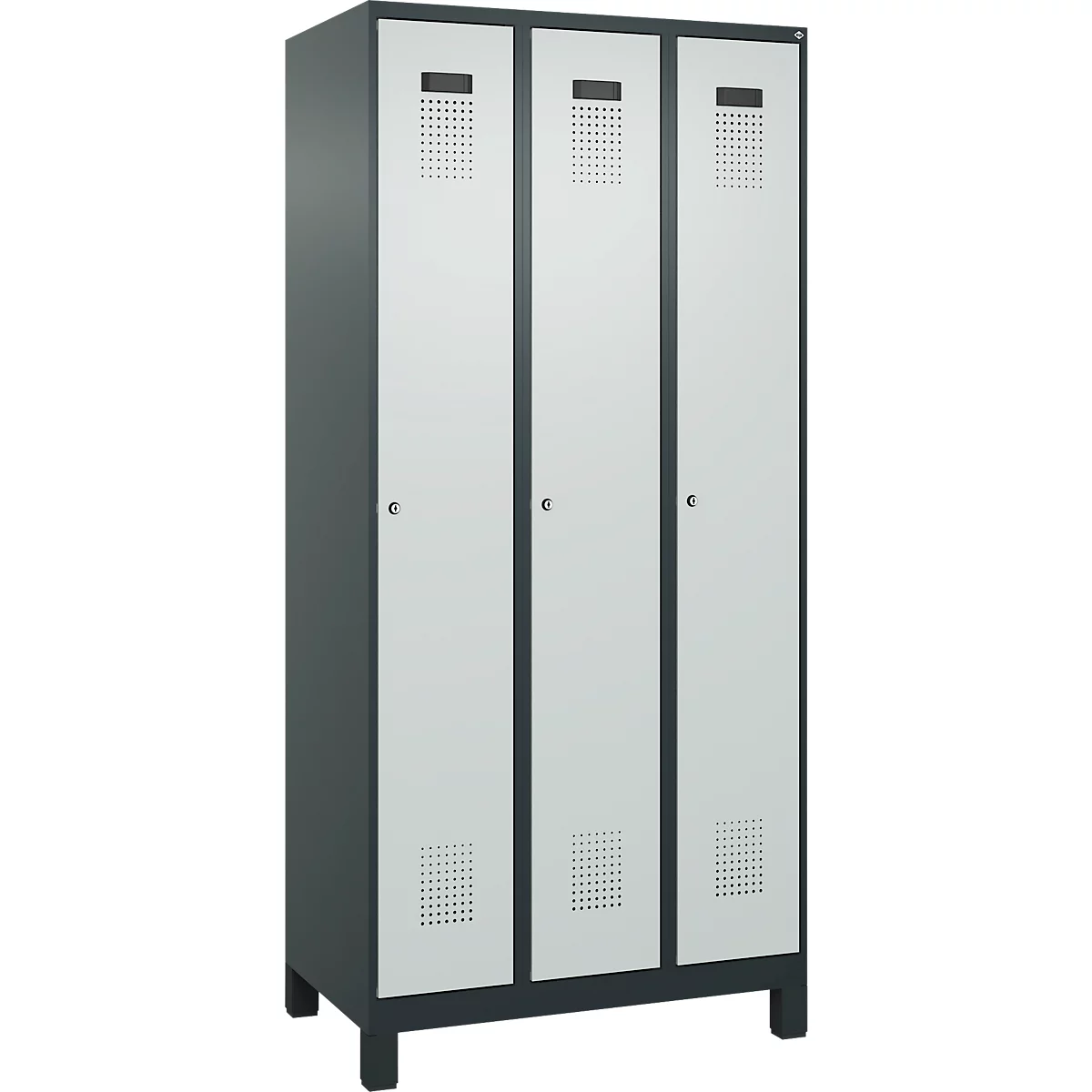 Kleiderspind C+P Evolo Plus, 3 Abteile, Anschlag rechts, Zylinderschloss, B 900 x T 500 x H 1950 mm, anthrazitgrau/lichtgrau