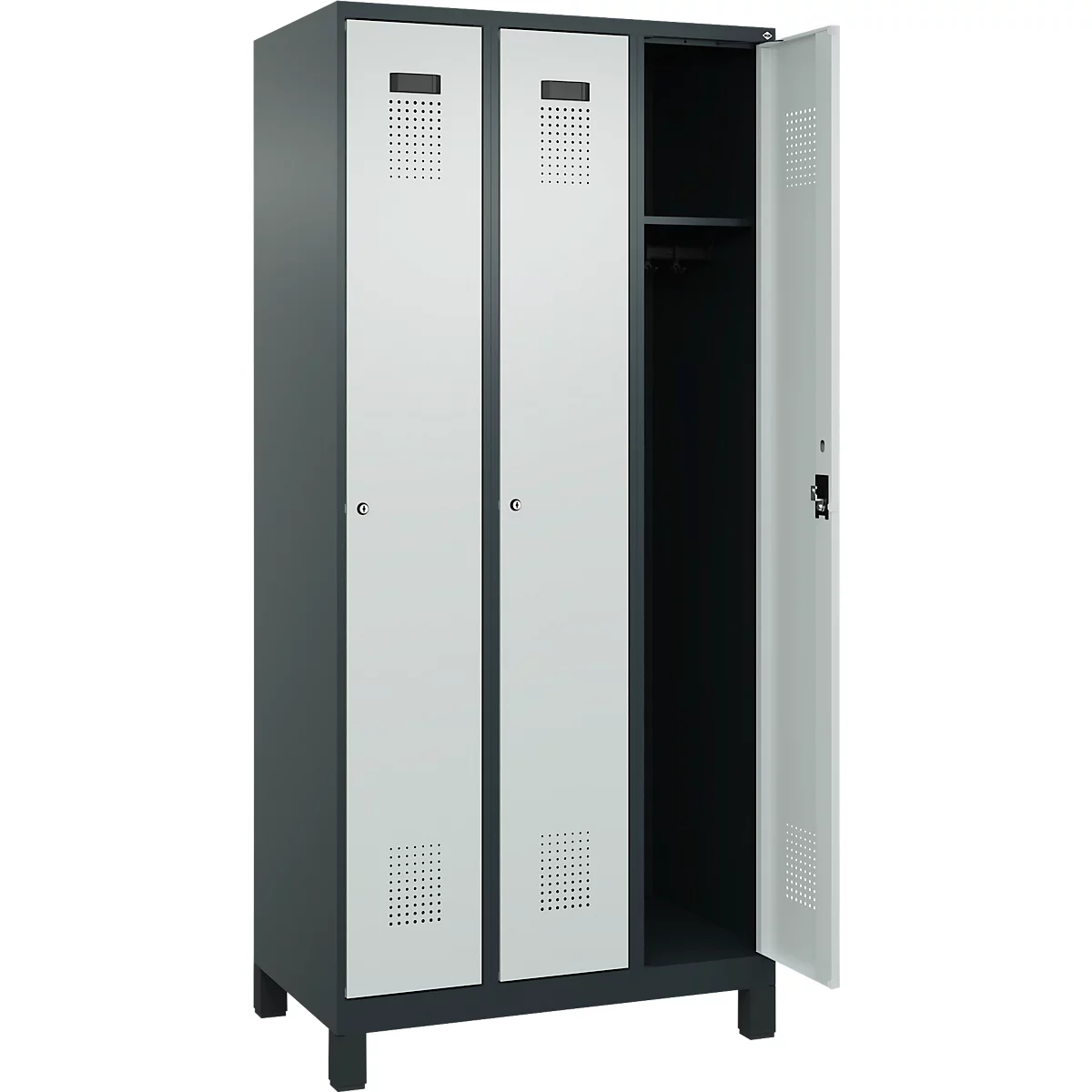 Kleiderspind C+P Evolo Plus, 3 Abteile, Anschlag rechts, Zylinderschloss, B 900 x T 500 x H 1950 mm, anthrazitgrau/lichtgrau