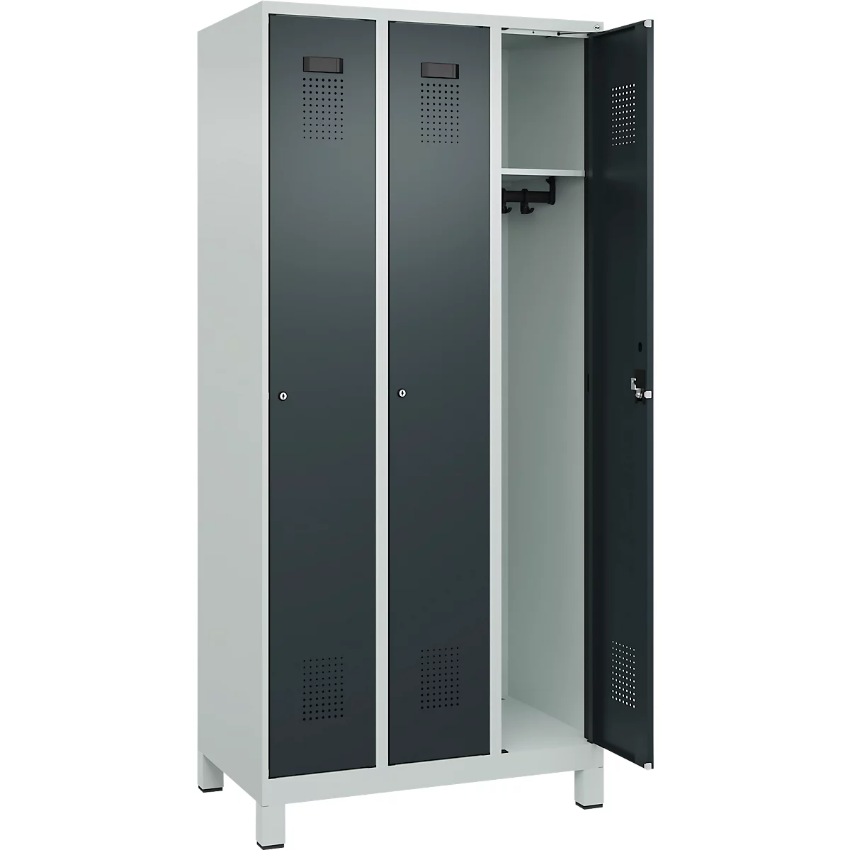 Kleiderspind C+P Evolo Plus, 3 Abteile, Anschlag rechts, Zylinderschloss, B 900 x T 500 x H 1950 mm, lichtgrau/anthrazitgrau