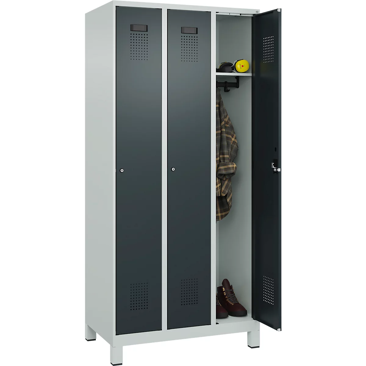 Kleiderspind C+P Evolo Plus, 3 Abteile, Anschlag rechts, Zylinderschloss, B 900 x T 500 x H 1950 mm, lichtgrau/anthrazitgrau