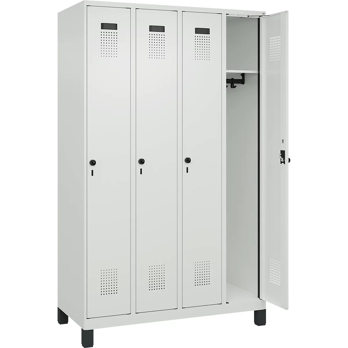 Kleiderspind C+P Evolo Plus, 4 Abteile, 300 mm Abteilbreite, mit Füßen, Anschlag rechts, Drehriegel, B 1200 x T 500 x H 1950 mm, lichtgrau/lichtgrau
