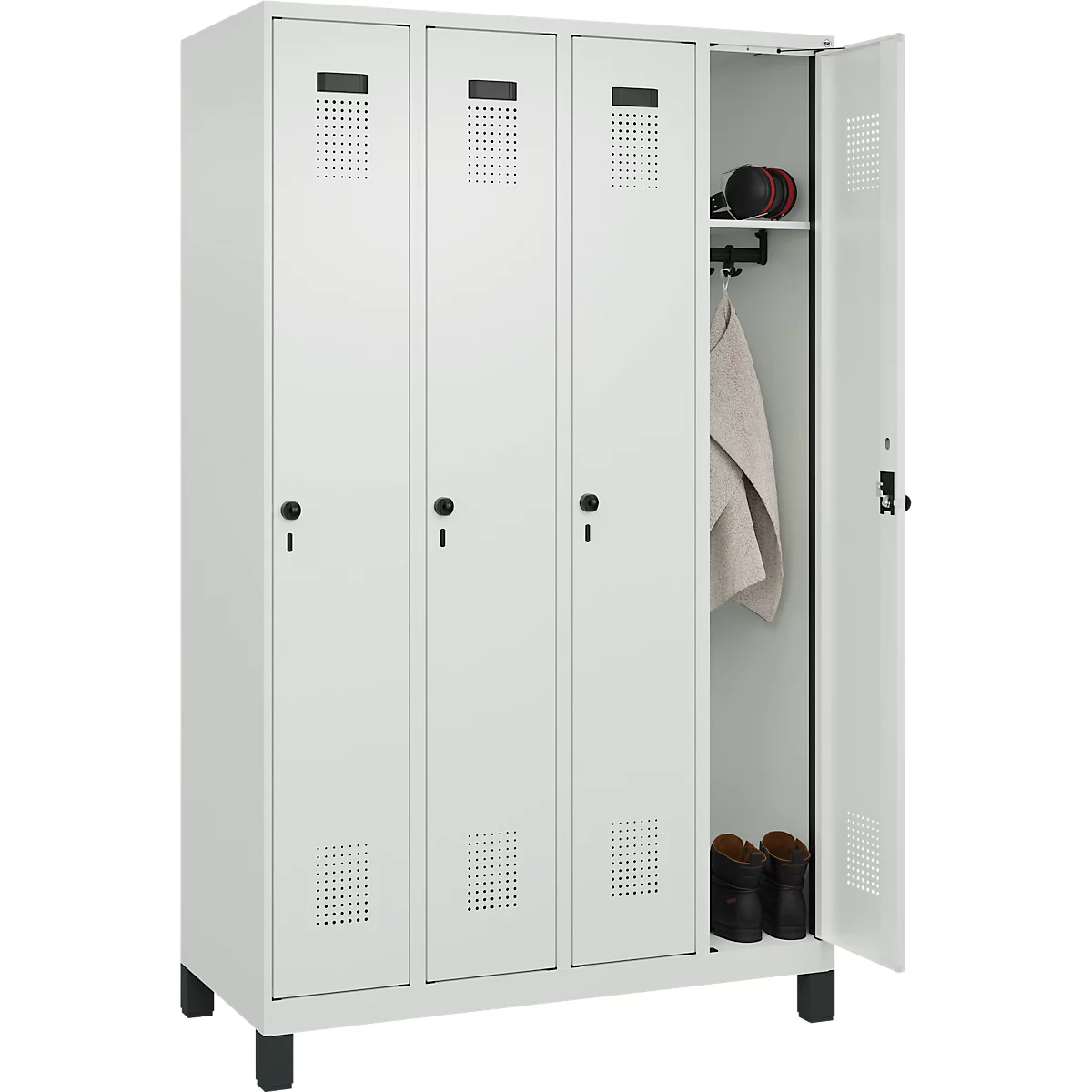 Kleiderspind C+P Evolo Plus, 4 Abteile, 300 mm Abteilbreite, mit Füßen, Anschlag rechts, Drehriegel, B 1200 x T 500 x H 1950 mm, lichtgrau/lichtgrau