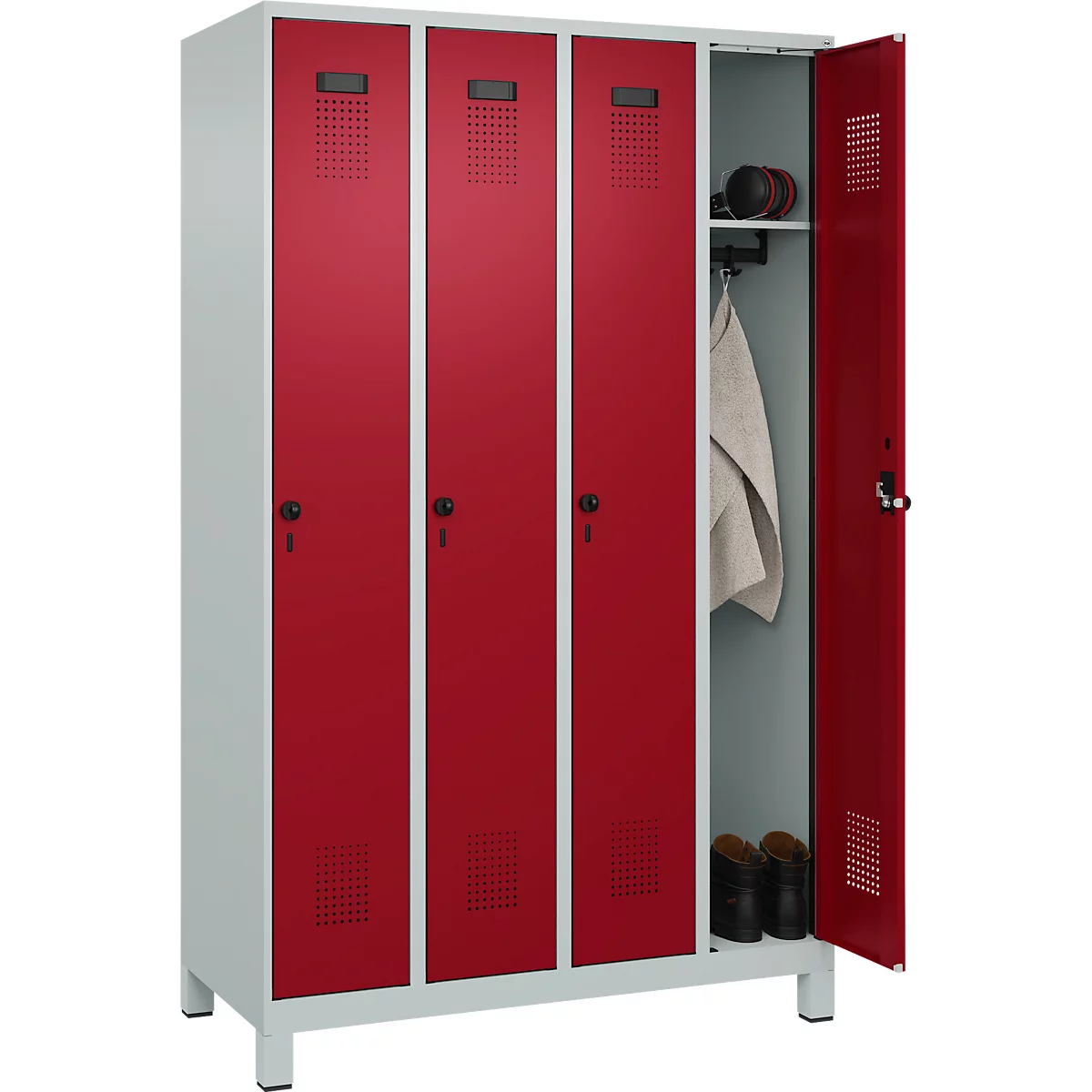 Kleiderspind C+P Evolo Plus, 4 Abteile, 300 mm Abteilbreite, mit Füßen, Anschlag rechts, Drehriegel, B 1200 x T 500 x H 1950 mm, lichtgrau/rubinrot