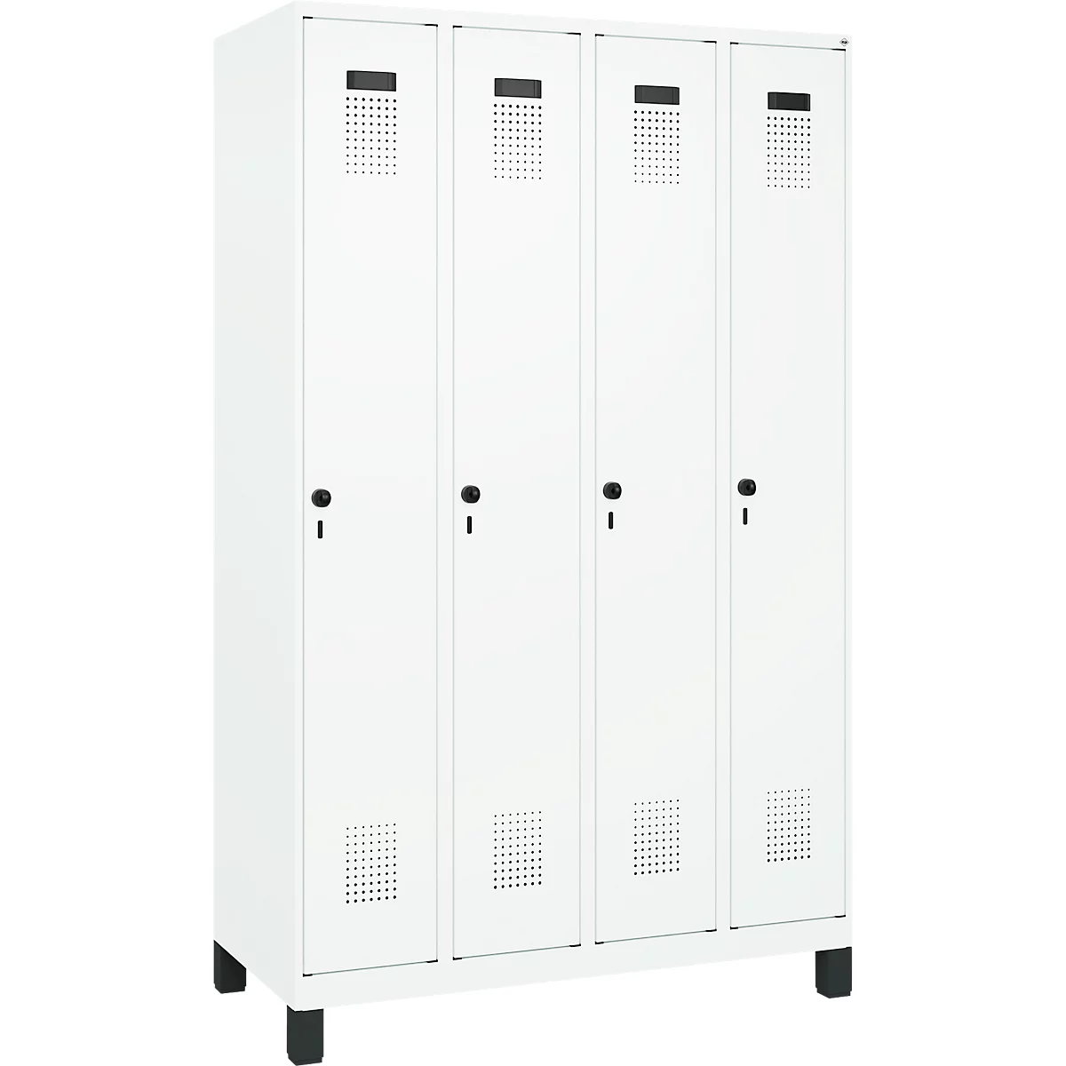Kleiderspind C+P Evolo Plus, 4 Abteile, 300 mm Abteilbreite, mit Füßen, Anschlag rechts, Drehriegel, B 1200 x T 500 x H 1950 mm, verkehrsweiß/verkehrsweiß