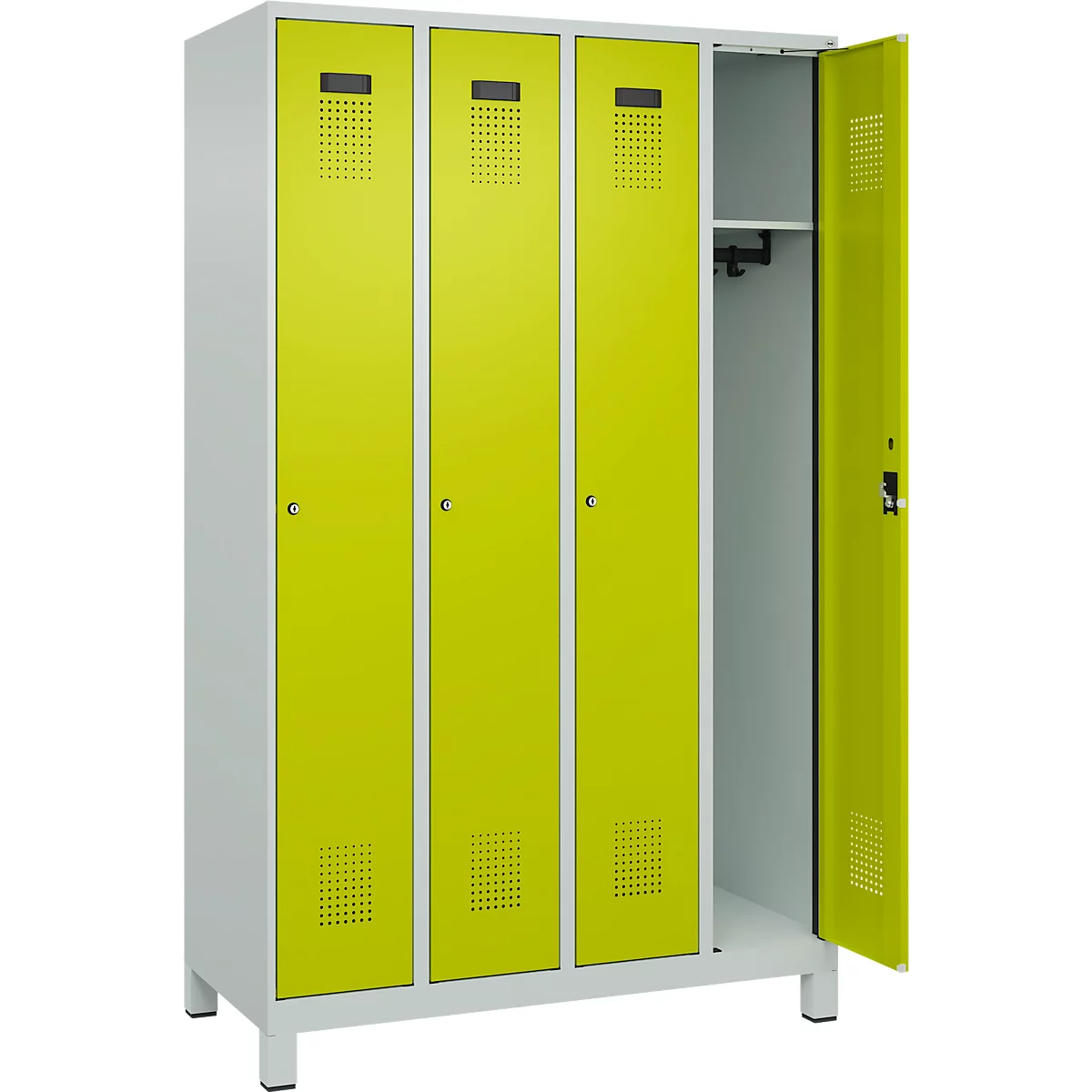 Kleiderspind C+P Evolo Plus, 4 Abteile, 300 mm Abteilbreite, mit Füßen, Anschlag rechts, Zylinder, B 1200 x T 500 x H 1950 mm, lichtgrau/clowngrün