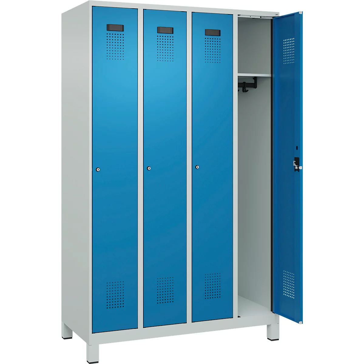 Kleiderspind C+P Evolo Plus, 4 Abteile, 300 mm Abteilbreite, mit Füßen, Anschlag rechts, Zylinder, B 1200 x T 500 x H 1950 mm, lichtgrau/lichtblau