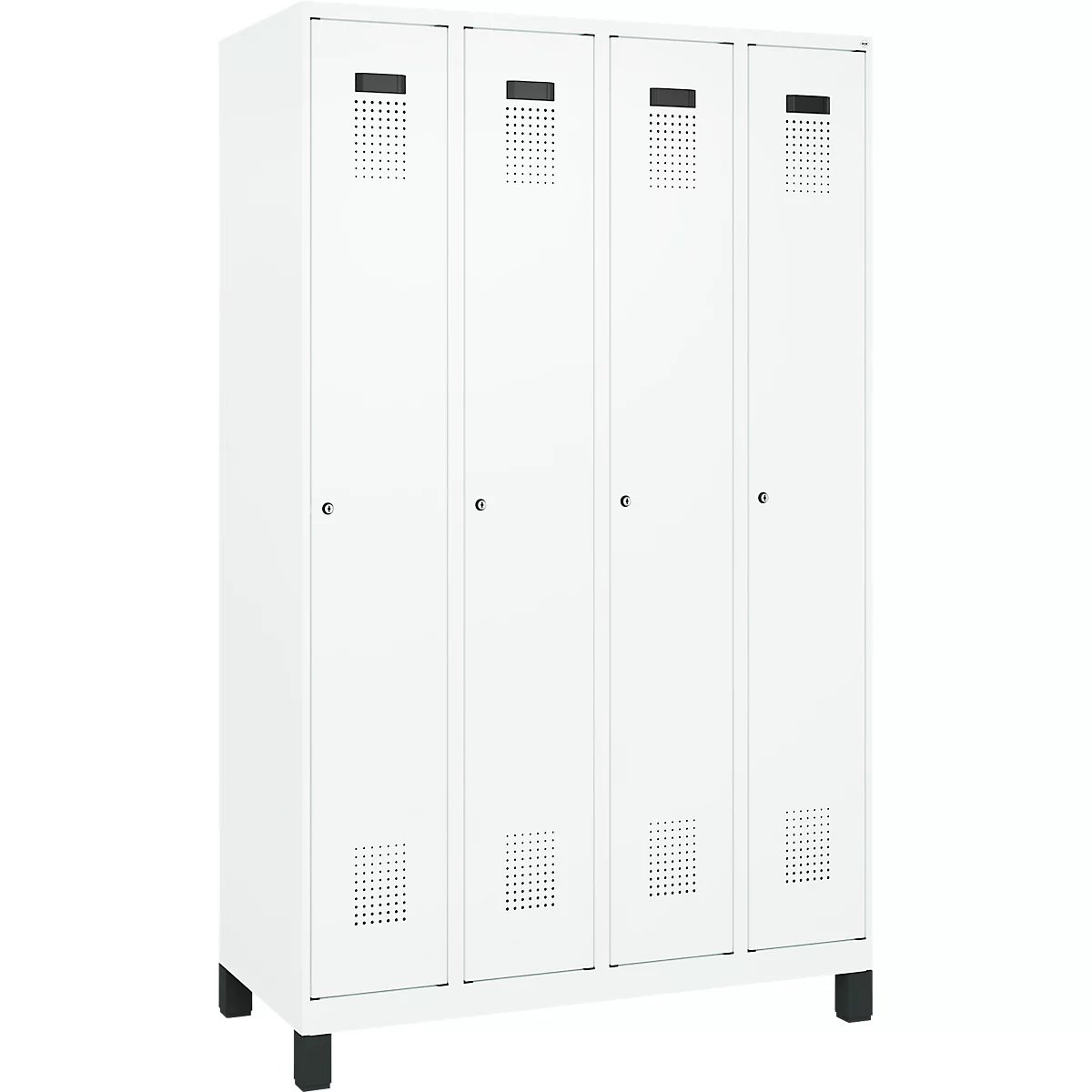 Kleiderspind C+P Evolo Plus, 4 Abteile, 300 mm Abteilbreite, mit Füßen, Anschlag rechts, Zylinder, B 1200 x T 500 x H 1950 mm, verkehrsweiß/verkehrsweiß