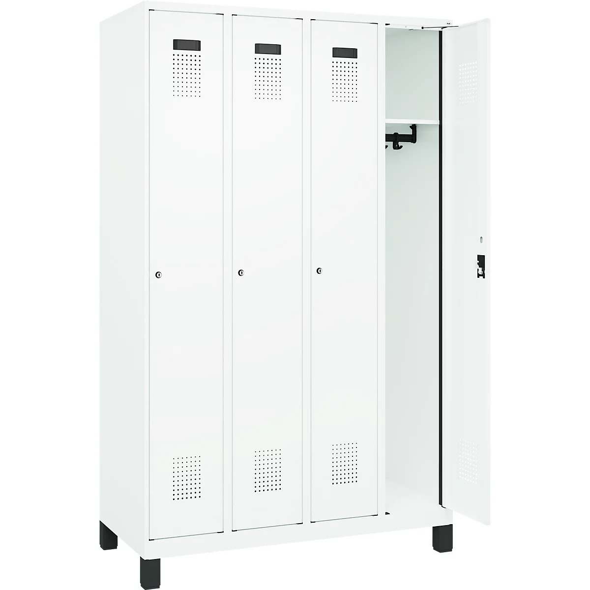 Kleiderspind C+P Evolo Plus, 4 Abteile, 300 mm Abteilbreite, mit Füßen, Anschlag rechts, Zylinder, B 1200 x T 500 x H 1950 mm, verkehrsweiß/verkehrsweiß