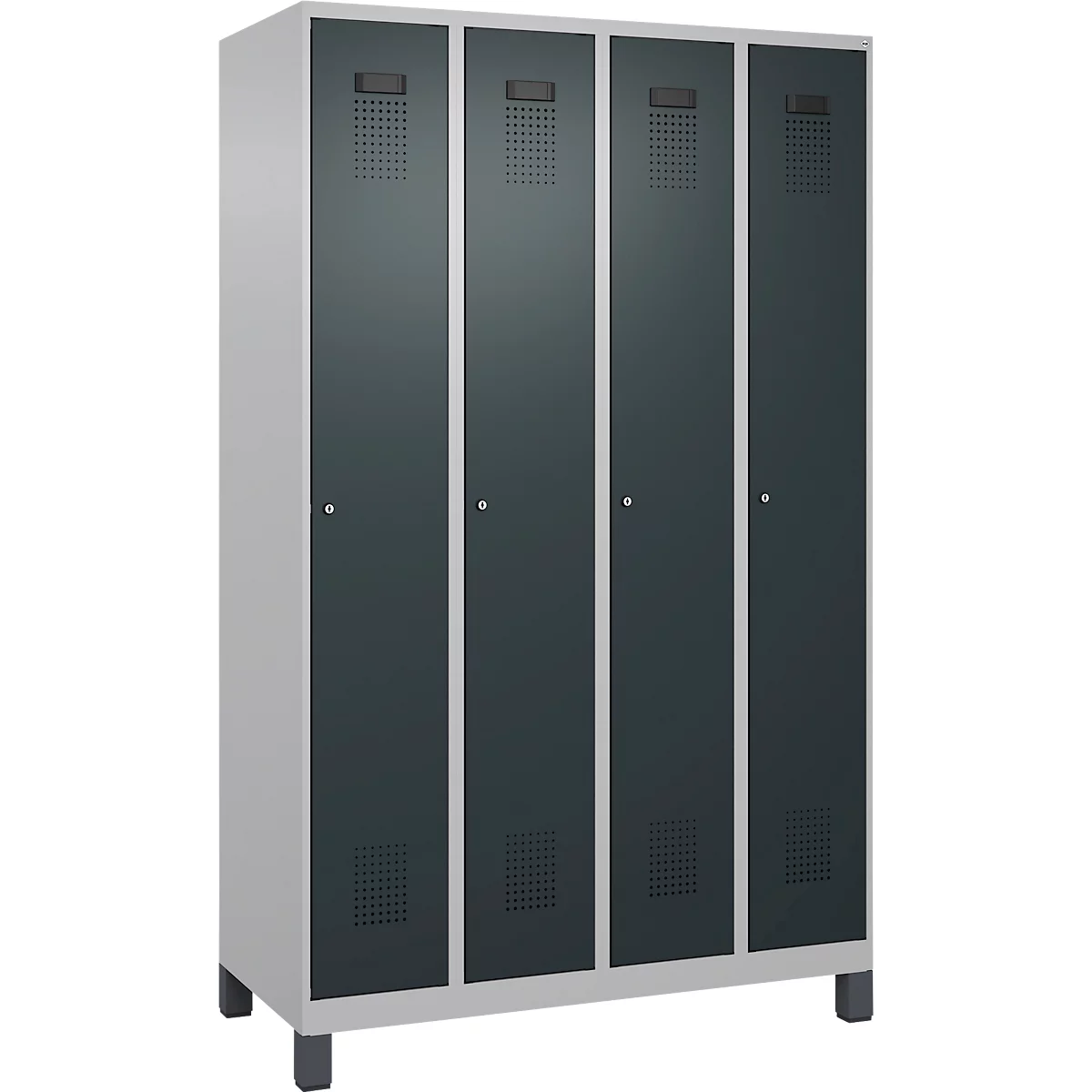 Kleiderspind C+P Evolo Plus, 4 Abteile, 300 mm Abteilbreite, mit Füßen, Anschlag rechts, Zylinder, B 1200 x T 500 x H 1950 mm, weißaluminium/anthrazitgrau