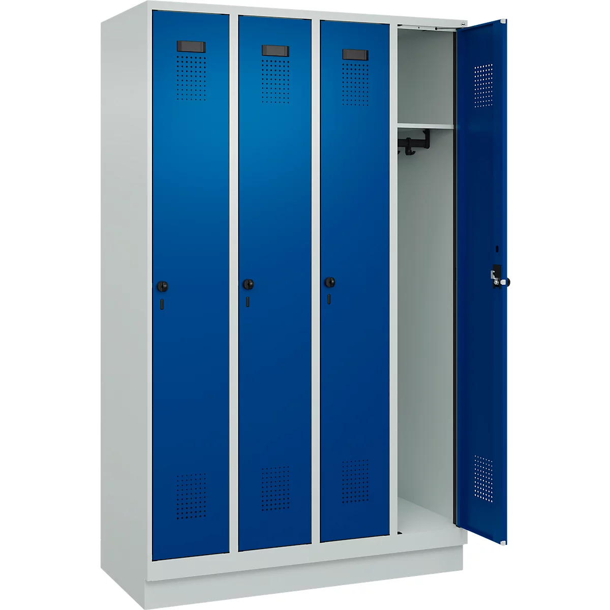 Kleiderspind C+P Evolo Plus, 4 Abteile, 300 mm Abteilbreite, mit Sockel, Anschlag rechts, B 1200 x T 500 x H 1950 mm, Drehriegel, lichtgrau/enzianblau