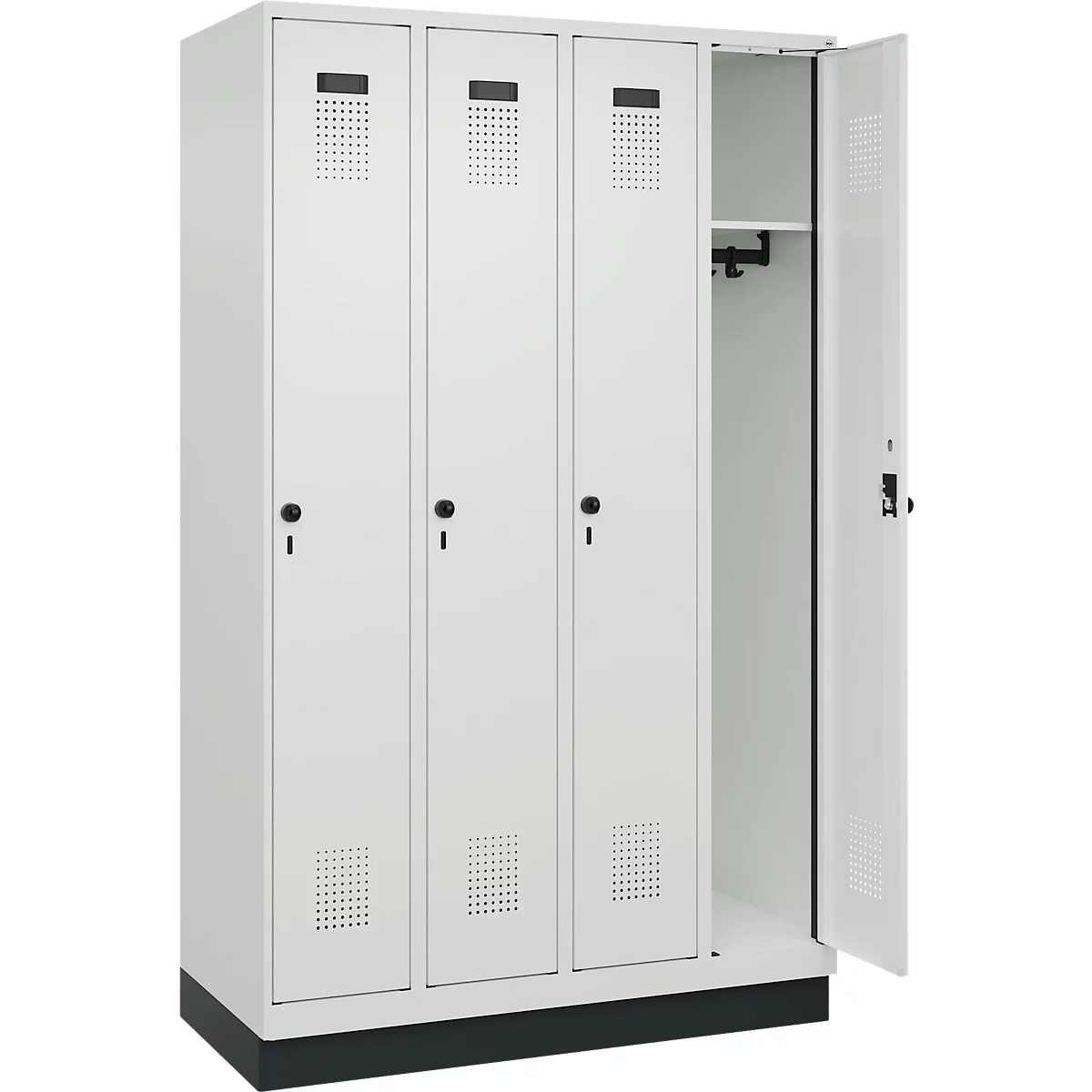 Kleiderspind C+P Evolo Plus, 4 Abteile, 300 mm Abteilbreite, mit Sockel, Anschlag rechts, B 1200 x T 500 x H 1950 mm, Drehriegel, lichtgrau/lichtgrau