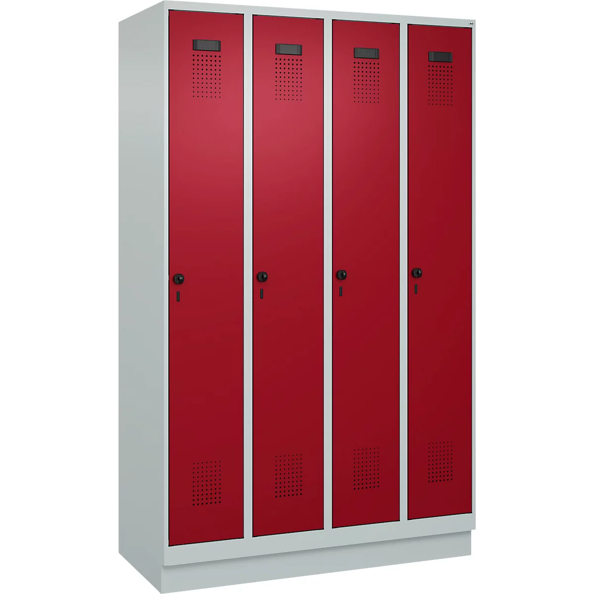 Kleiderspind C+P Evolo Plus, 4 Abteile, 300 mm Abteilbreite, mit Sockel, Anschlag rechts, B 1200 x T 500 x H 1950 mm, Drehriegel, lichtgrau/rubinrot