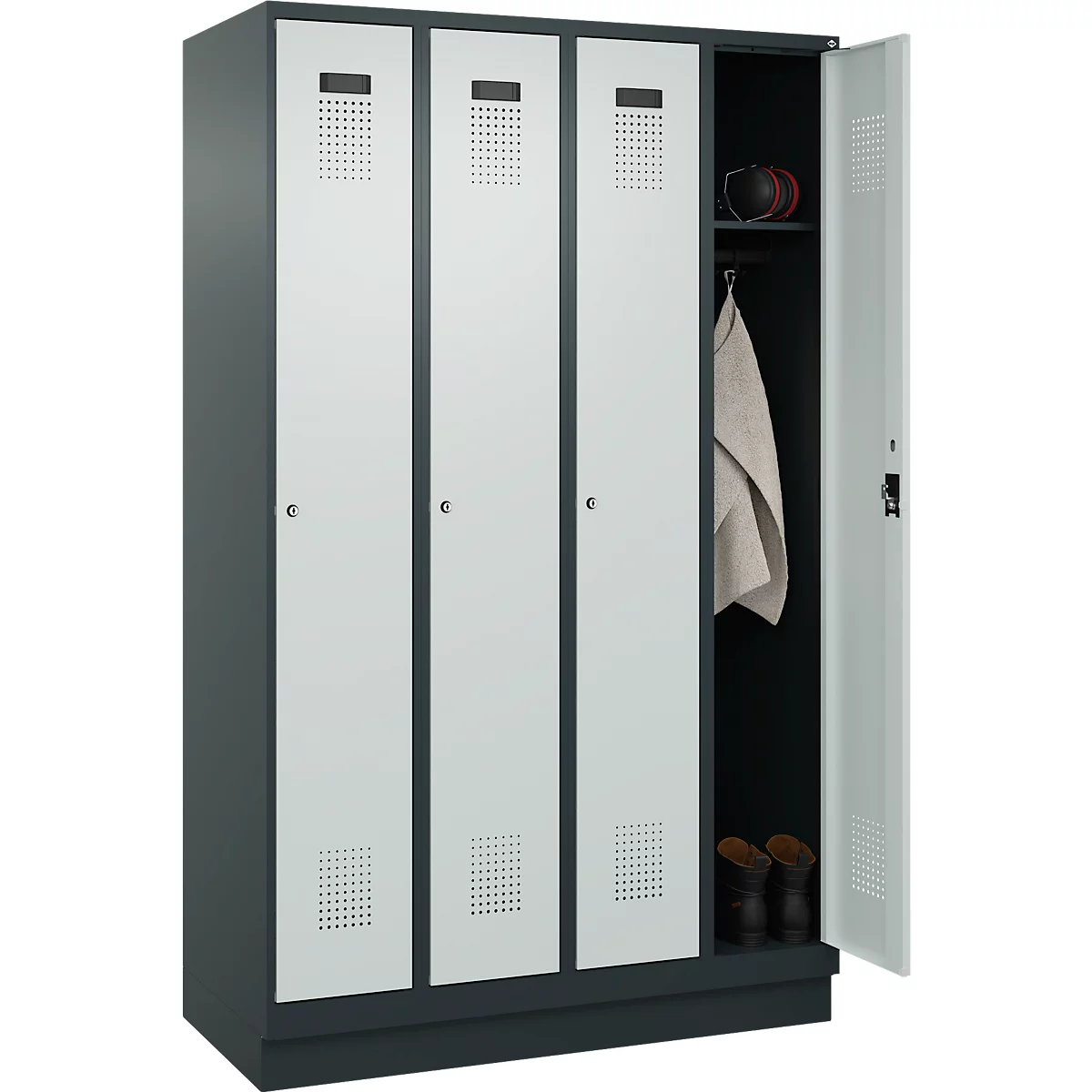 Kleiderspind C+P Evolo Plus, 4 Abteile, 300 mm Abteilbreite, mit Sockel, Anschlag rechts, B 1200 x T 500 x H 1950 mm, Zylinder, anthrazitgrau/lichtgrau