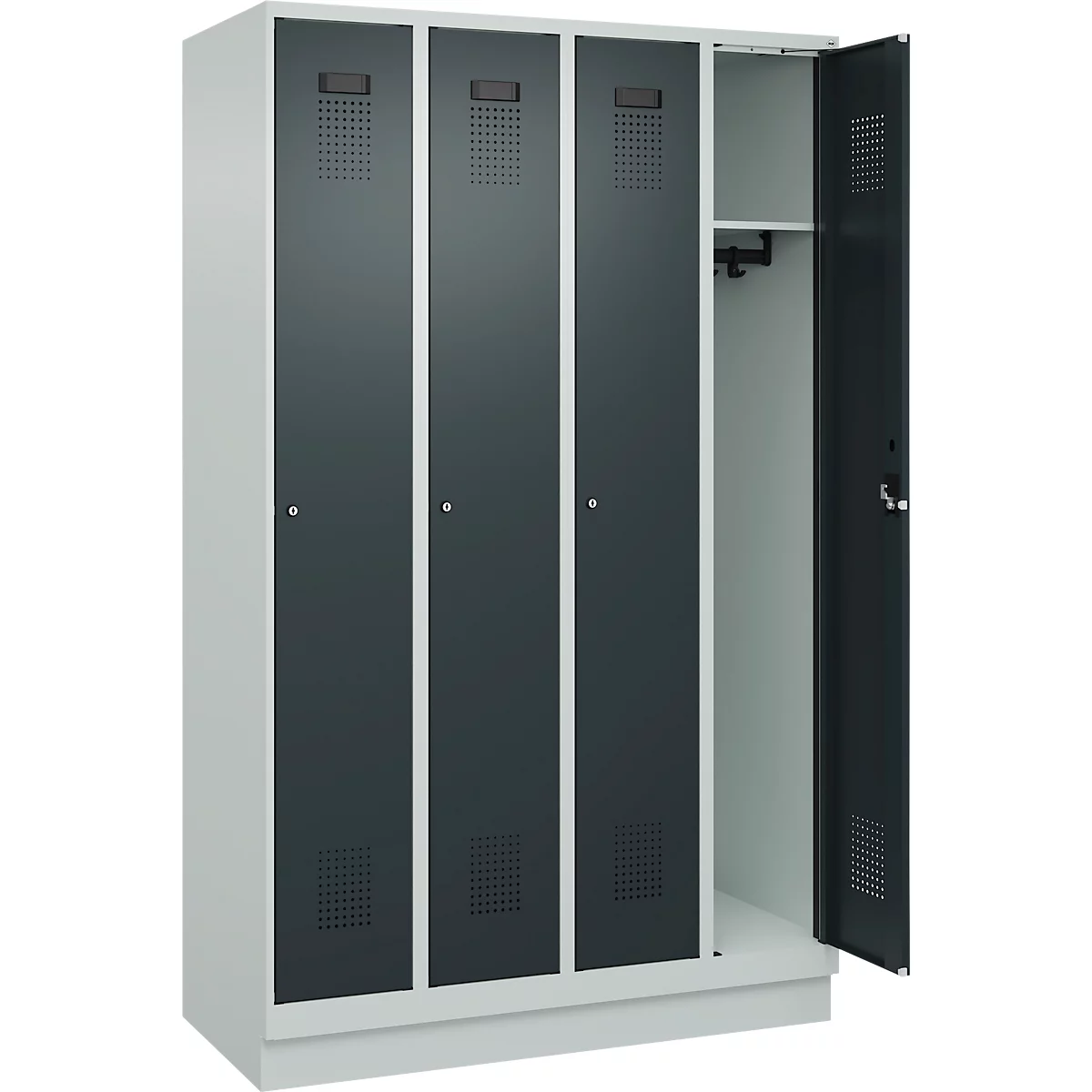 Kleiderspind C+P Evolo Plus, 4 Abteile, 300 mm Abteilbreite, mit Sockel, Anschlag rechts, B 1200 x T 500 x H 1950 mm, Zylinder, lichtgrau/anthrazitgrau