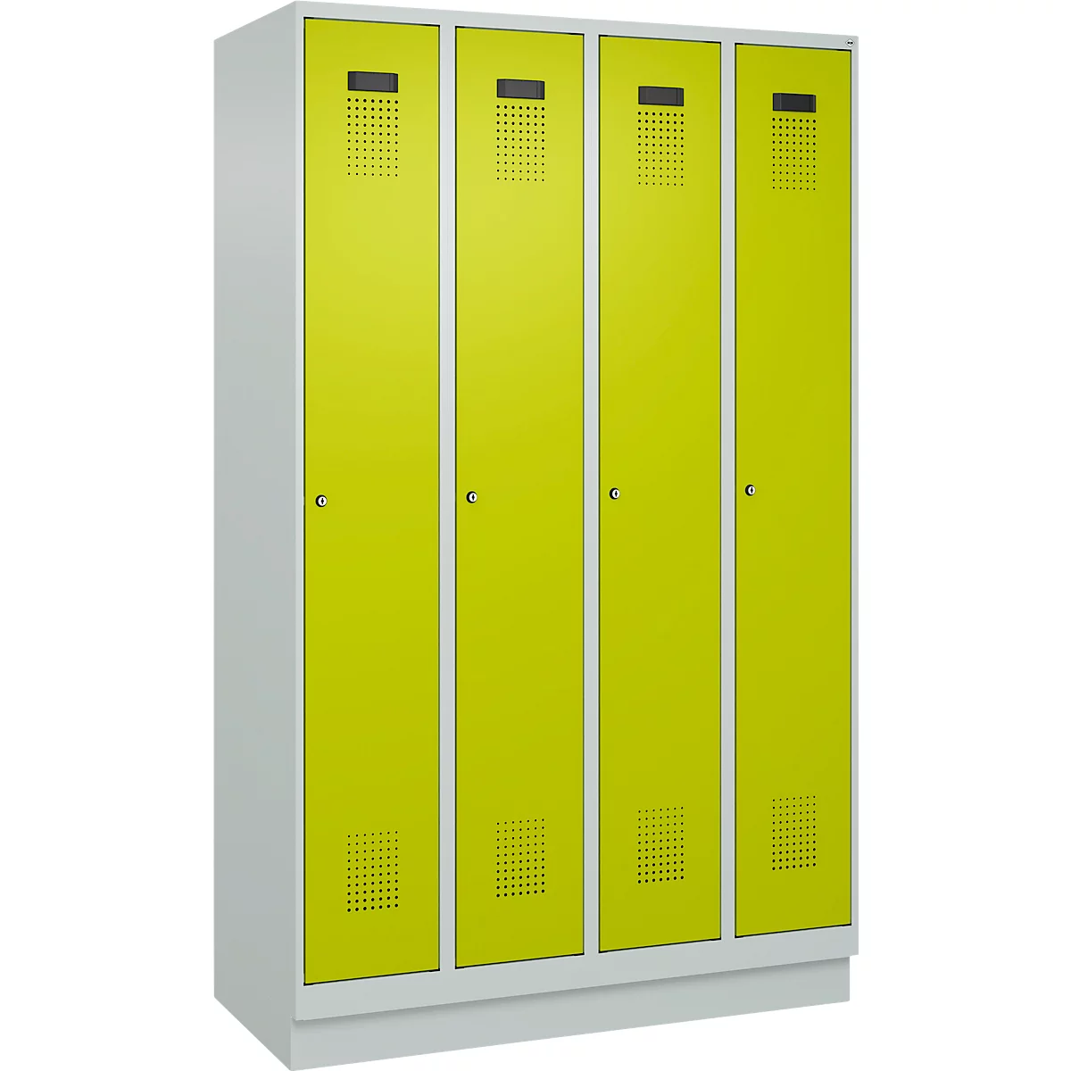 Kleiderspind C+P Evolo Plus, 4 Abteile, 300 mm Abteilbreite, mit Sockel, Anschlag rechts, B 1200 x T 500 x H 1950 mm, Zylinder, lichtgrau/clowngrün