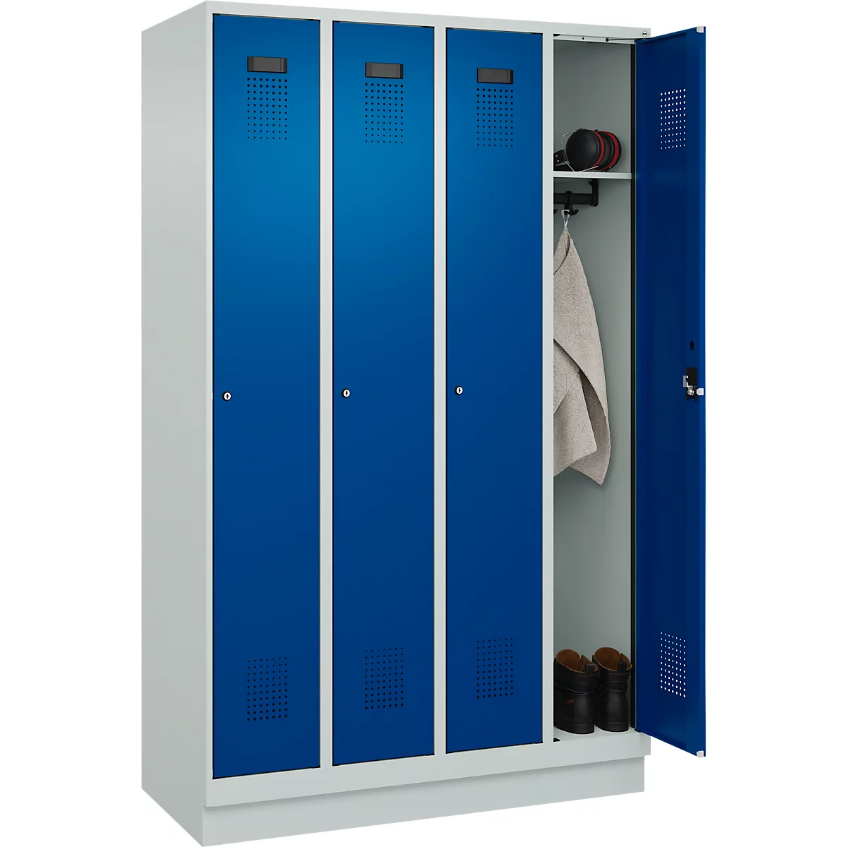 Kleiderspind C+P Evolo Plus, 4 Abteile, 300 mm Abteilbreite, mit Sockel, Anschlag rechts, B 1200 x T 500 x H 1950 mm, Zylinder, lichtgrau/enzianblau