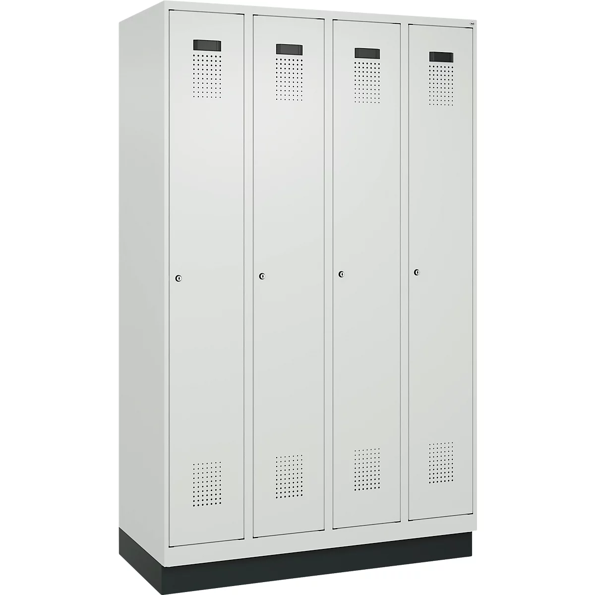 Kleiderspind C+P Evolo Plus, 4 Abteile, 300 mm Abteilbreite, mit Sockel, Anschlag rechts, B 1200 x T 500 x H 1950 mm, Zylinder, lichtgrau/lichtgrau