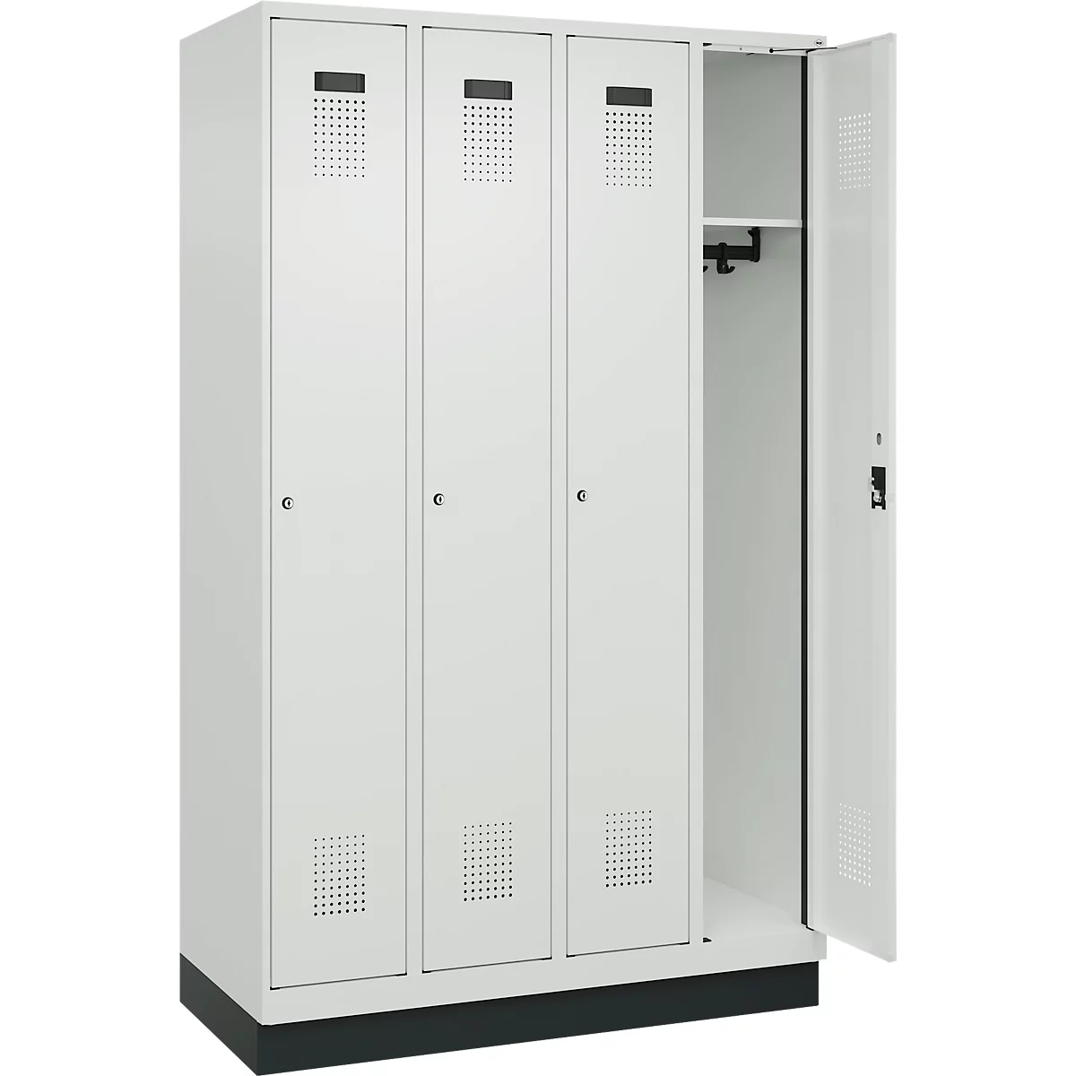 Kleiderspind C+P Evolo Plus, 4 Abteile, 300 mm Abteilbreite, mit Sockel, Anschlag rechts, B 1200 x T 500 x H 1950 mm, Zylinder, lichtgrau/lichtgrau