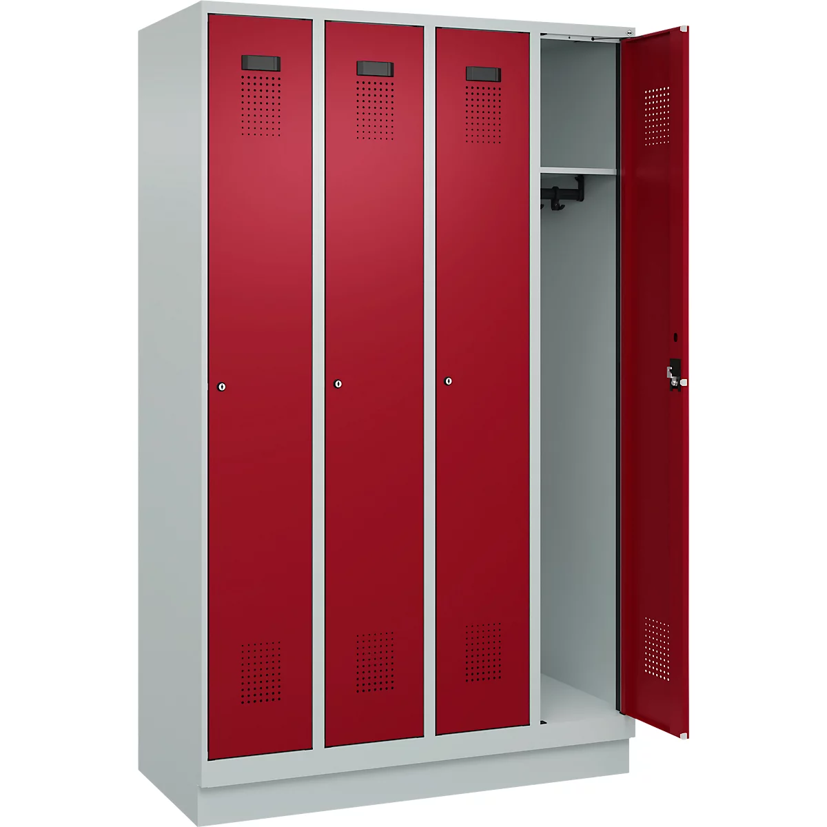 Kleiderspind C+P Evolo Plus, 4 Abteile, 300 mm Abteilbreite, mit Sockel, Anschlag rechts, B 1200 x T 500 x H 1950 mm, Zylinder, lichtgrau/rubinrot