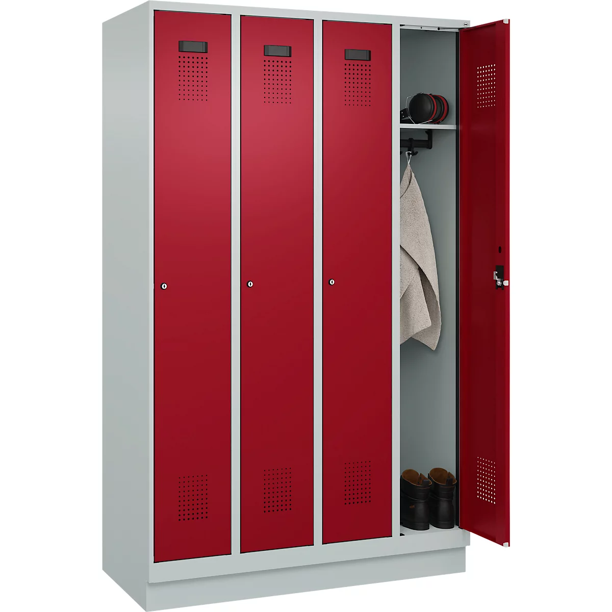 Kleiderspind C+P Evolo Plus, 4 Abteile, 300 mm Abteilbreite, mit Sockel, Anschlag rechts, B 1200 x T 500 x H 1950 mm, Zylinder, lichtgrau/rubinrot