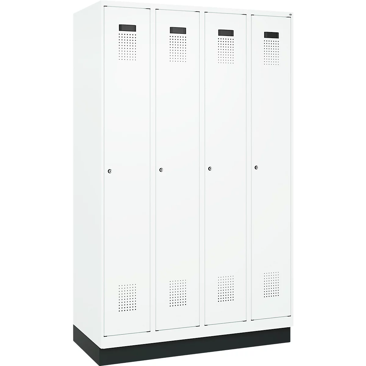 Kleiderspind C+P Evolo Plus, 4 Abteile, 300 mm Abteilbreite, mit Sockel, Anschlag rechts, B 1200 x T 500 x H 1950 mm, Zylinder, verkehrsweiß/verkehrsweiß