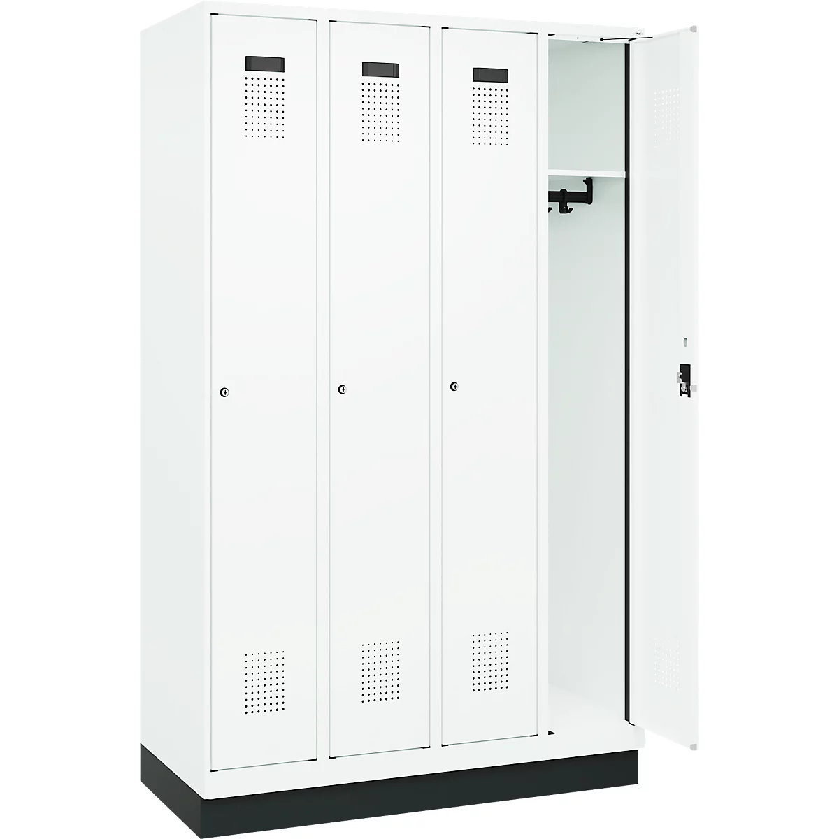 Kleiderspind C+P Evolo Plus, 4 Abteile, 300 mm Abteilbreite, mit Sockel, Anschlag rechts, B 1200 x T 500 x H 1950 mm, Zylinder, verkehrsweiß/verkehrsweiß