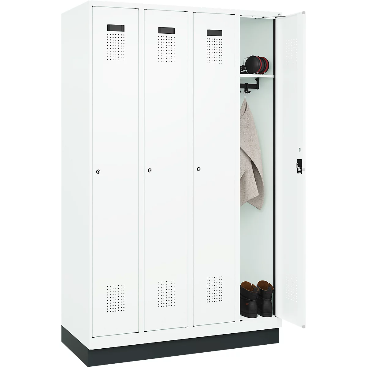 Kleiderspind C+P Evolo Plus, 4 Abteile, 300 mm Abteilbreite, mit Sockel, Anschlag rechts, B 1200 x T 500 x H 1950 mm, Zylinder, verkehrsweiß/verkehrsweiß