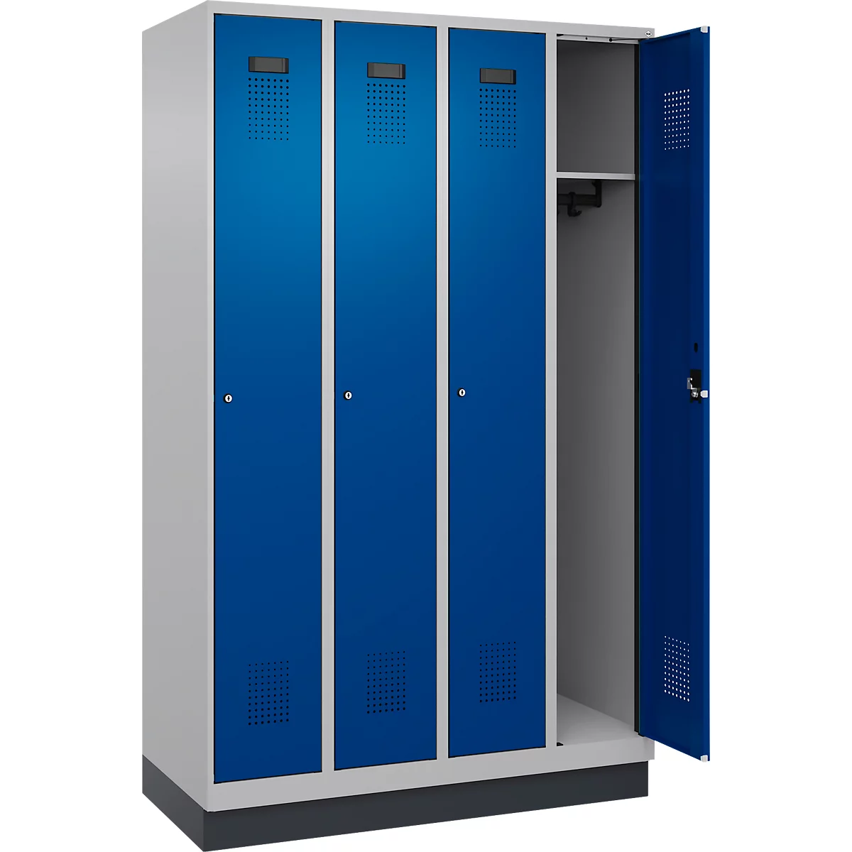 Kleiderspind C+P Evolo Plus, 4 Abteile, 300 mm Abteilbreite, mit Sockel, Anschlag rechts, B 1200 x T 500 x H 1950 mm, Zylinder, weißaluminium/enzianblau