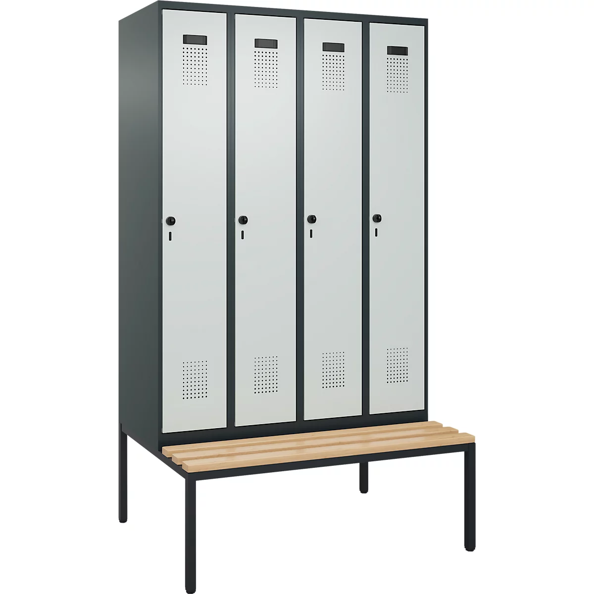 Kleiderspind C+P Evolo Plus, 4 Abteile, 300 mm Abteilbreite, mit untergebauter Sitzbank, B 1200 x T 815 x H 2120 mm, Drehriegel, anthrazitgrau/lichtgrau