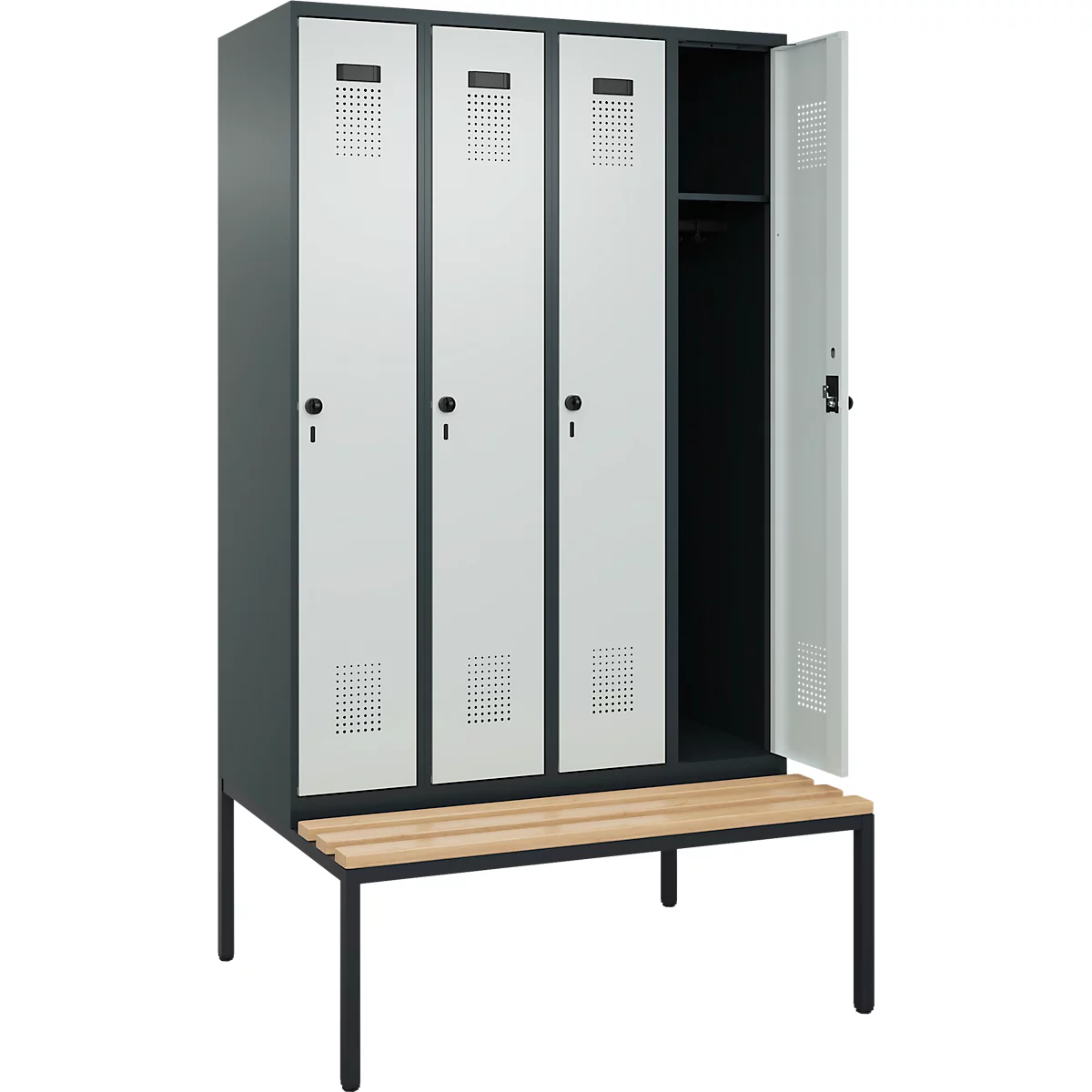 Kleiderspind C+P Evolo Plus, 4 Abteile, 300 mm Abteilbreite, mit untergebauter Sitzbank, B 1200 x T 815 x H 2120 mm, Drehriegel, anthrazitgrau/lichtgrau