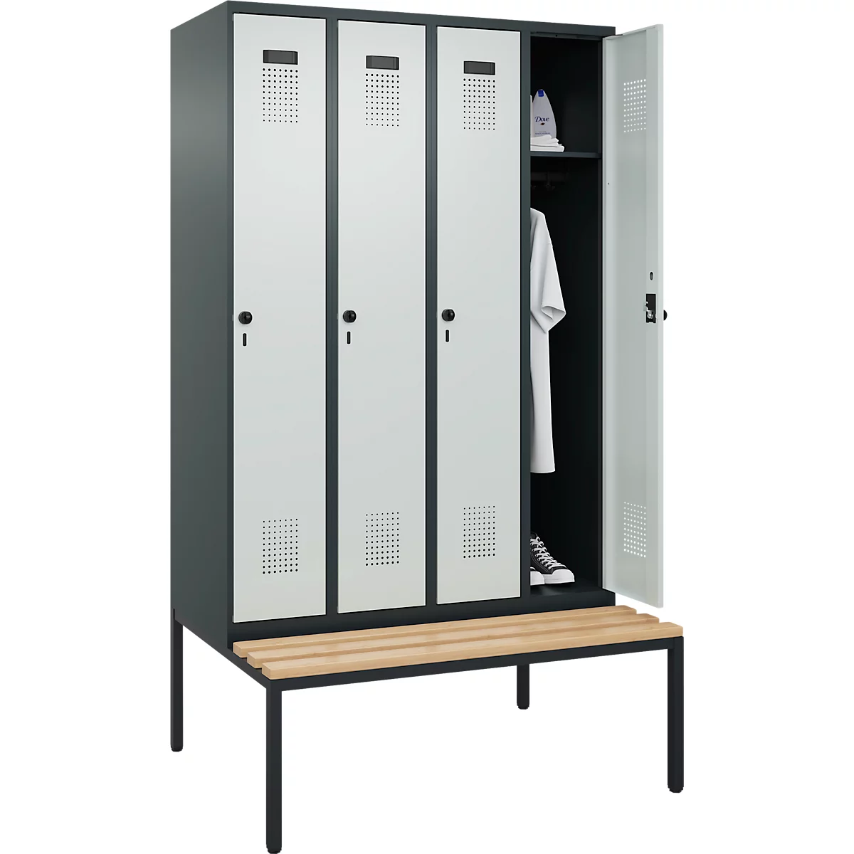 Kleiderspind C+P Evolo Plus, 4 Abteile, 300 mm Abteilbreite, mit untergebauter Sitzbank, B 1200 x T 815 x H 2120 mm, Drehriegel, anthrazitgrau/lichtgrau