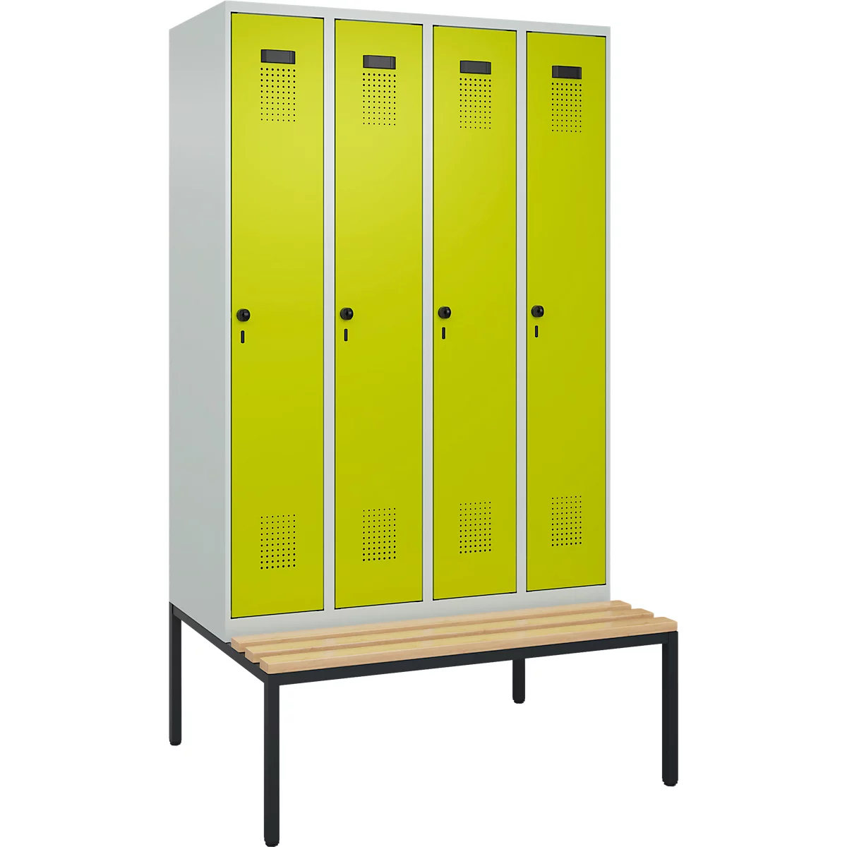 Kleiderspind C+P Evolo Plus, 4 Abteile, 300 mm Abteilbreite, mit untergebauter Sitzbank, B 1200 x T 815 x H 2120 mm, Drehriegel, lichtgrau/clowngrün