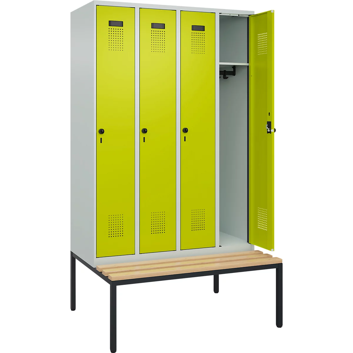 Kleiderspind C+P Evolo Plus, 4 Abteile, 300 mm Abteilbreite, mit untergebauter Sitzbank, B 1200 x T 815 x H 2120 mm, Drehriegel, lichtgrau/clowngrün