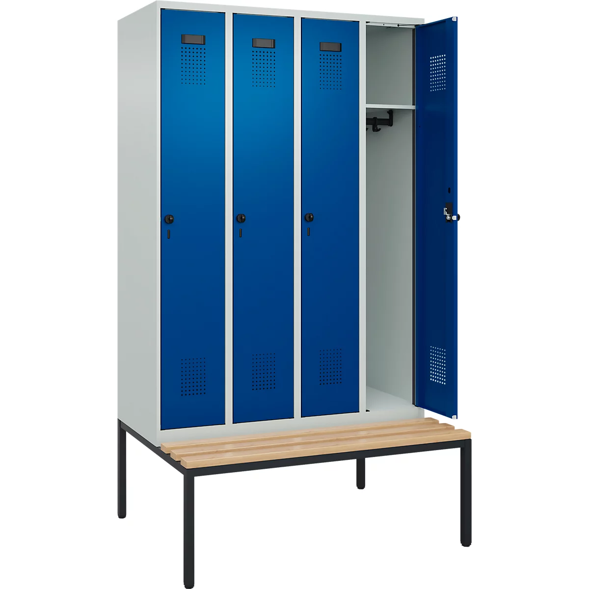 Kleiderspind C+P Evolo Plus, 4 Abteile, 300 mm Abteilbreite, mit untergebauter Sitzbank, B 1200 x T 815 x H 2120 mm, Drehriegel, lichtgrau/enzianblau