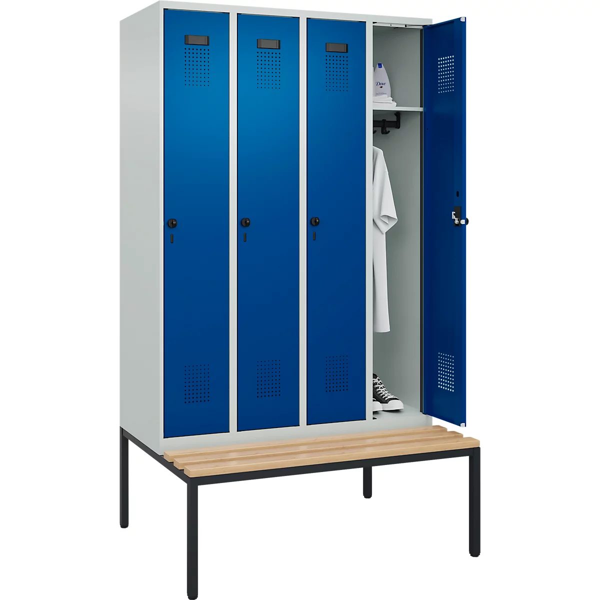 Kleiderspind C+P Evolo Plus, 4 Abteile, 300 mm Abteilbreite, mit untergebauter Sitzbank, B 1200 x T 815 x H 2120 mm, Drehriegel, lichtgrau/enzianblau